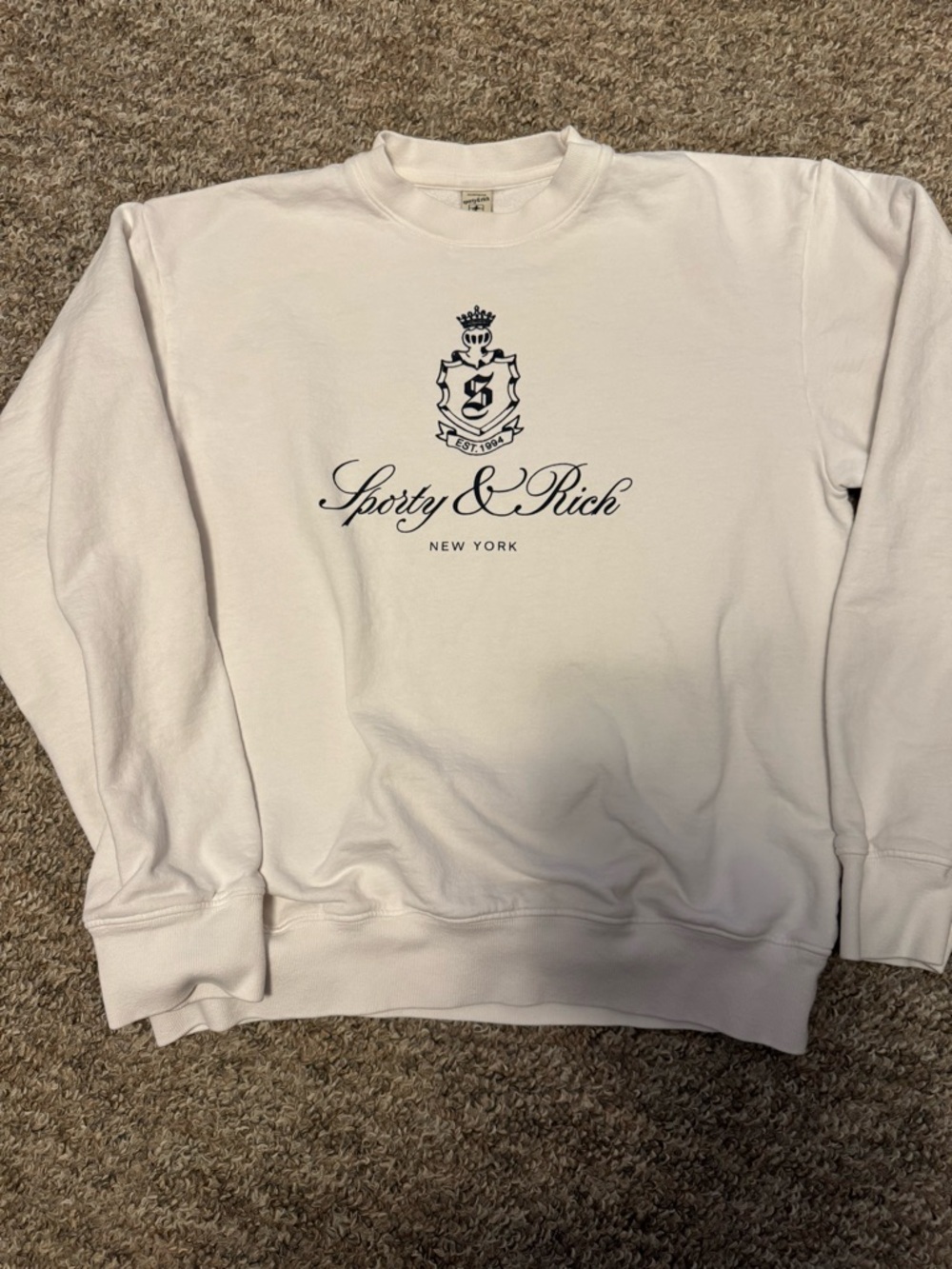 Sporty & Rich Cream Crewneck with black Script Logo